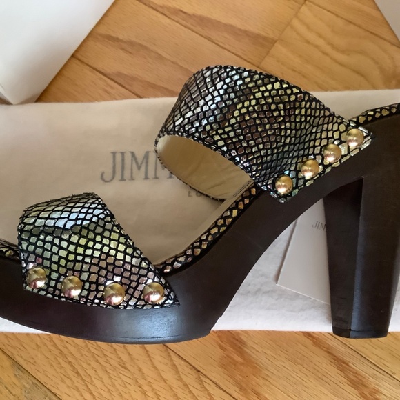 JIMMY CHOO ULRIKA Metallic Leather Studded Wooden Heel Slide Sandals SZ 40.5/9.5 - Picture 13 of 16